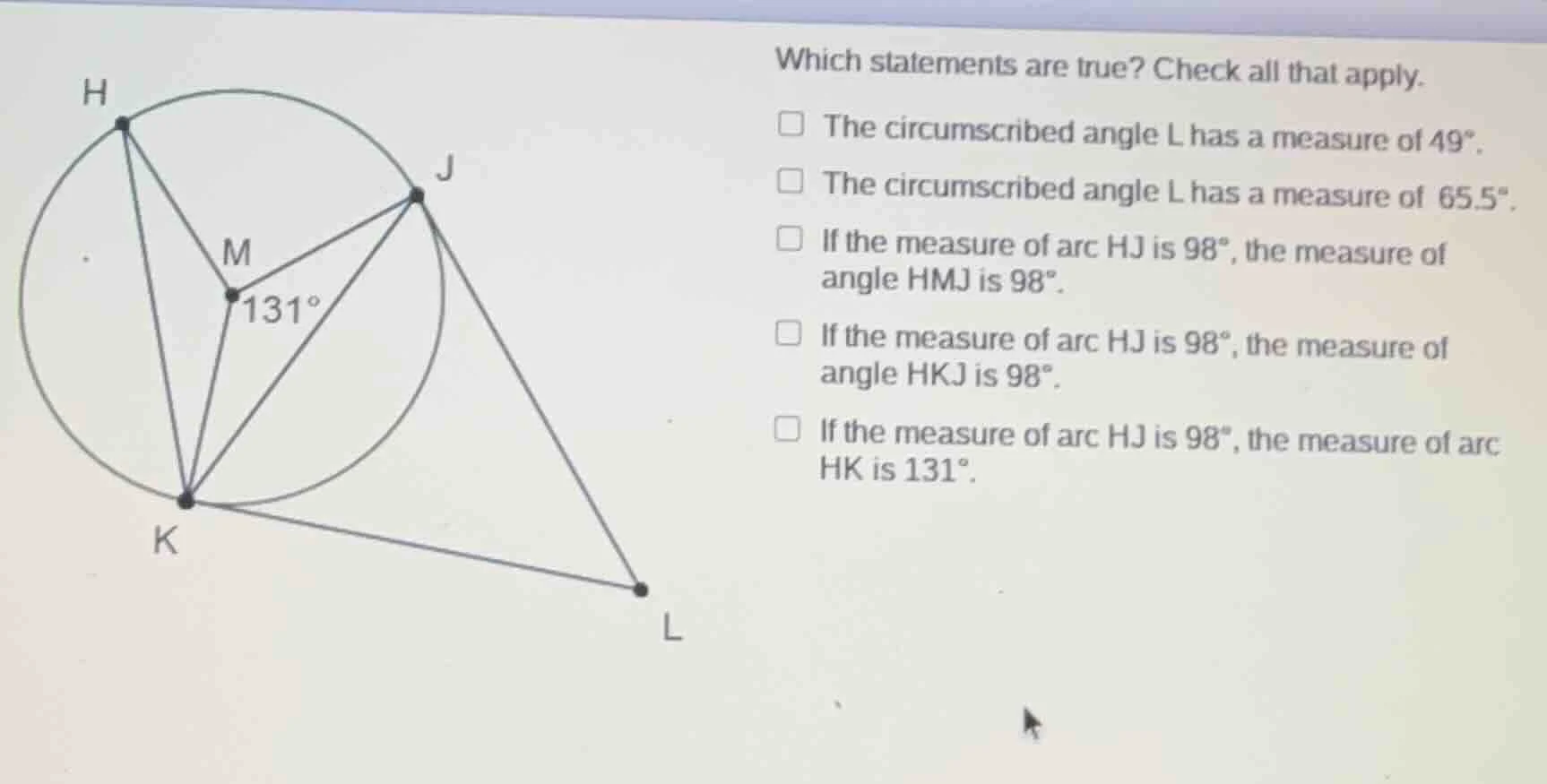 which statements are true? check all that apply.□ the circumscribed ang…