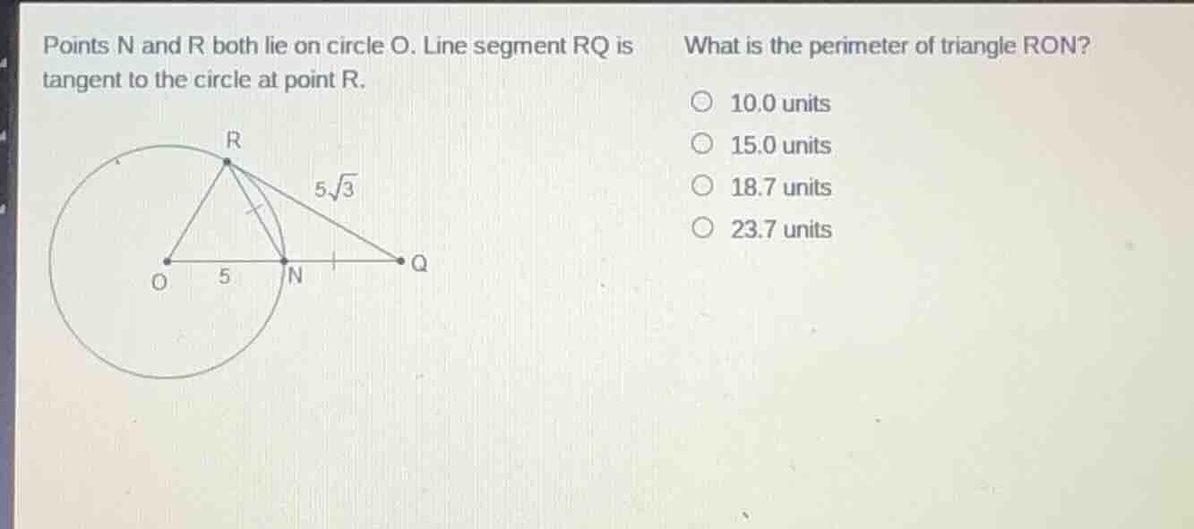 points n and r both lie on circle o. line segment rq is tangent to the …