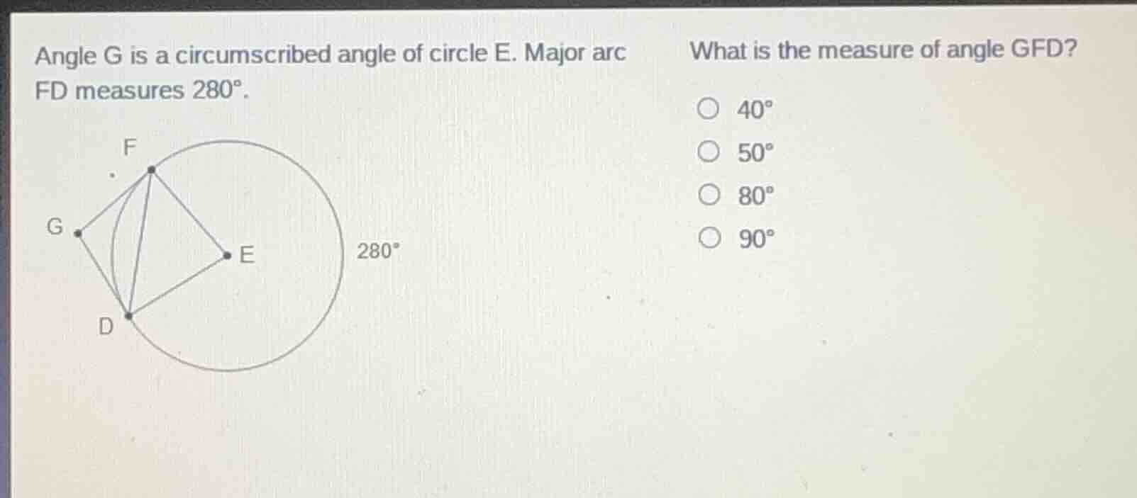angle g is a circumscribed angle of circle e. major arc fd measures $28…