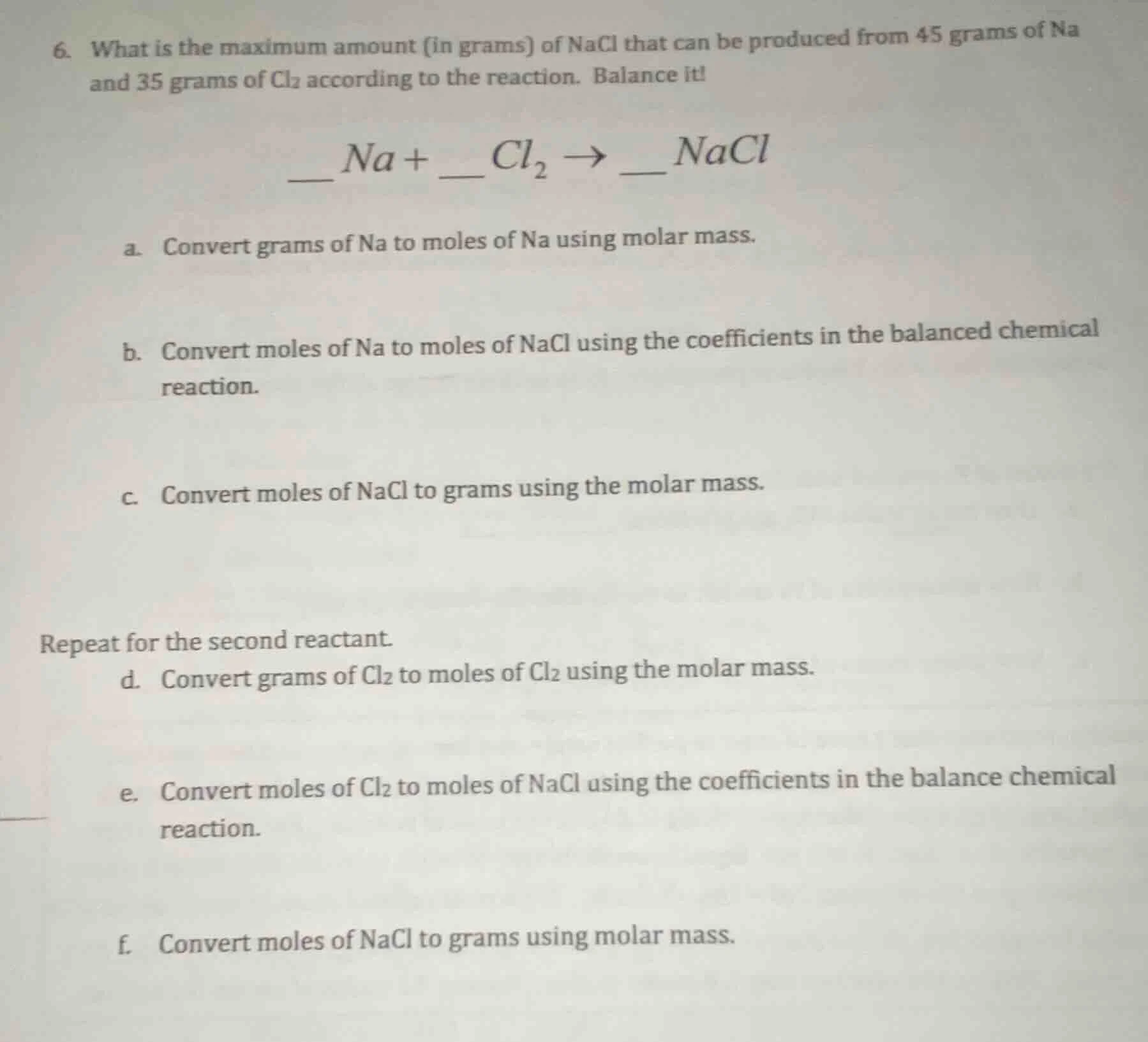 6. what is the maximum amount (in grams) of nacl that can be produced f…