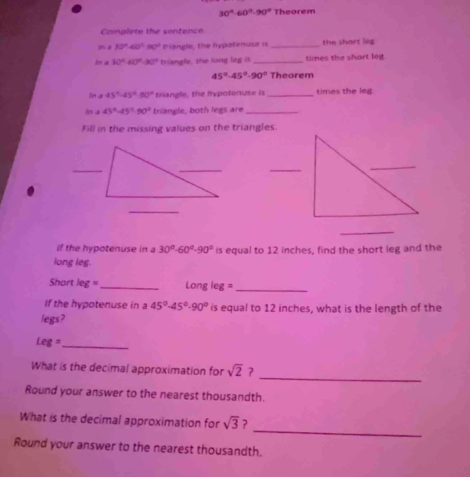 30°-60°-90° theorem complete the sentence: in a 30°-60°-90° triangle, t…