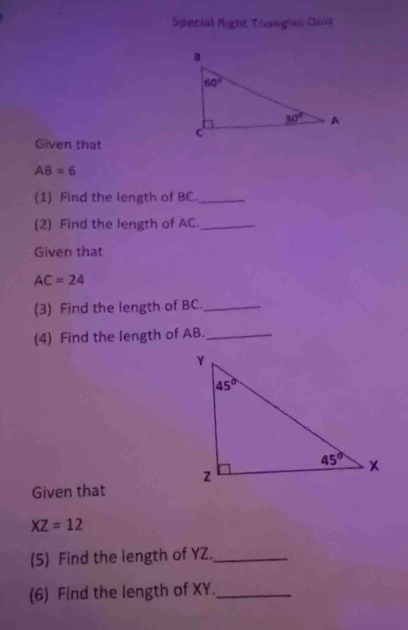 special right triangles quiz given that $ab = 6$ (1) find the length of…