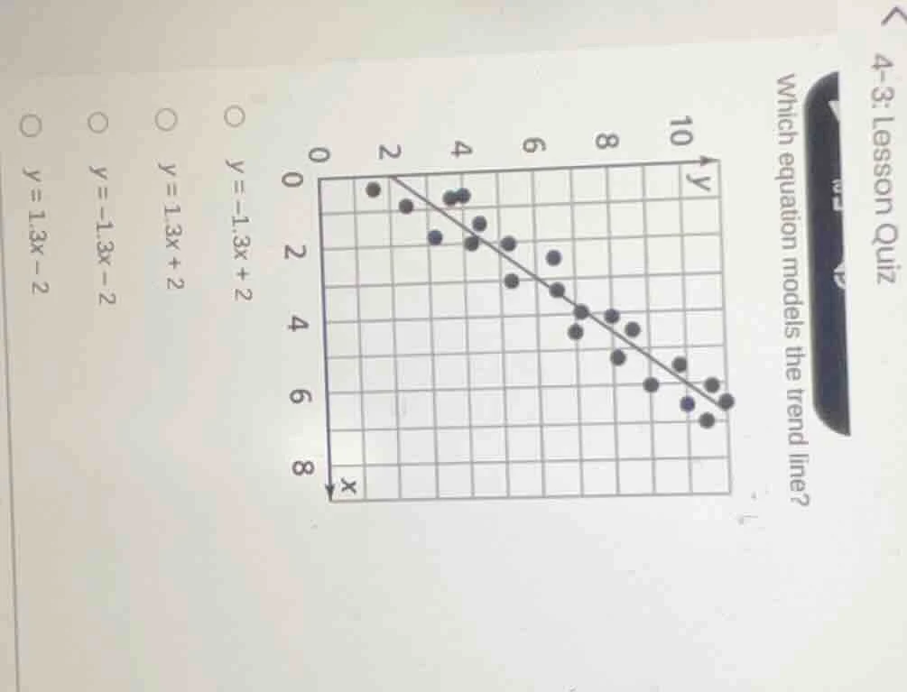 4-3: lesson quiz which equation models the trend line? $y=-1.3x+2$ $y=1…