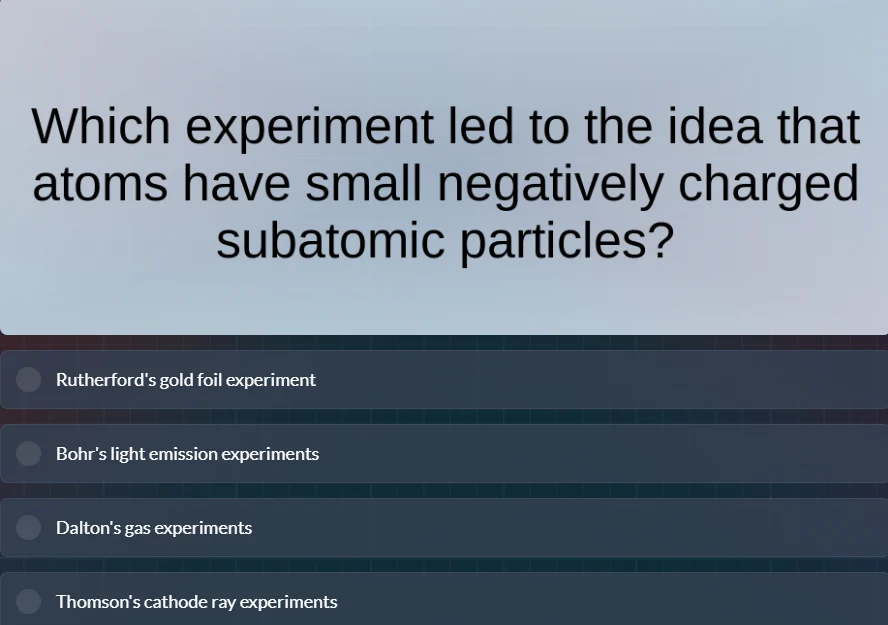 which experiment led to the idea that atoms have small negatively charg…