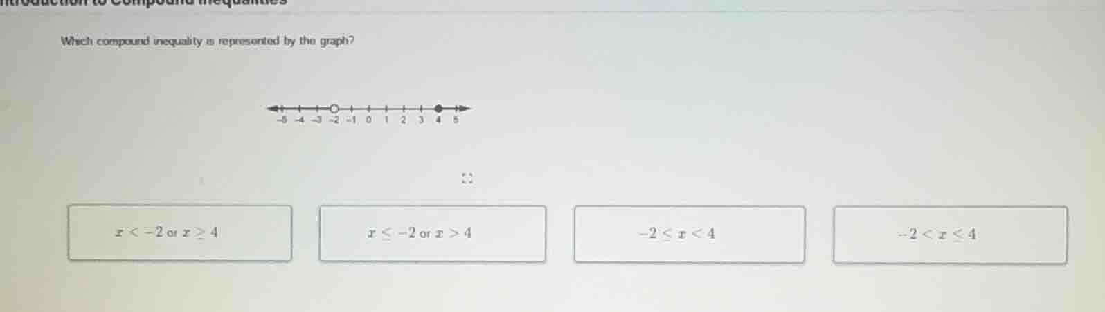 which compound inequality is represented by the graph? $x < -2$ or $x \…