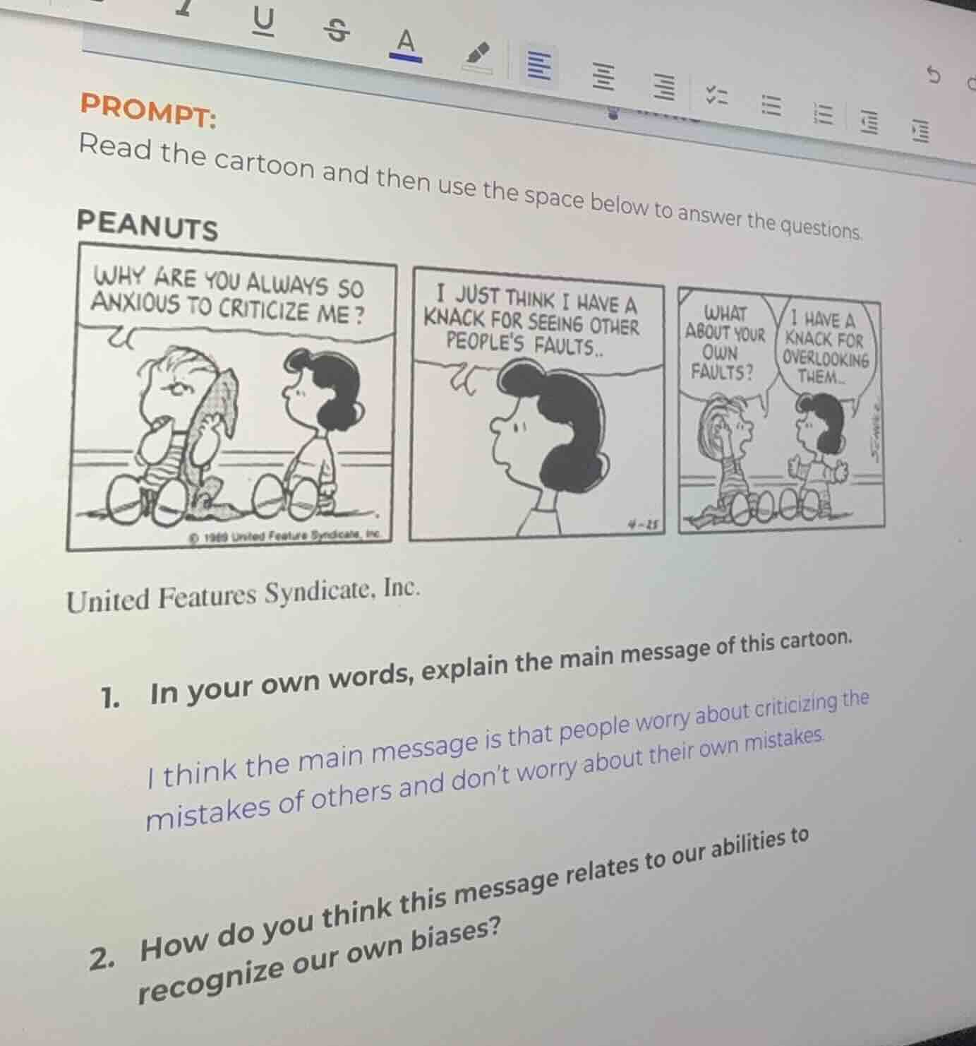 prompt: read the cartoon and then use the space below to answer the que…