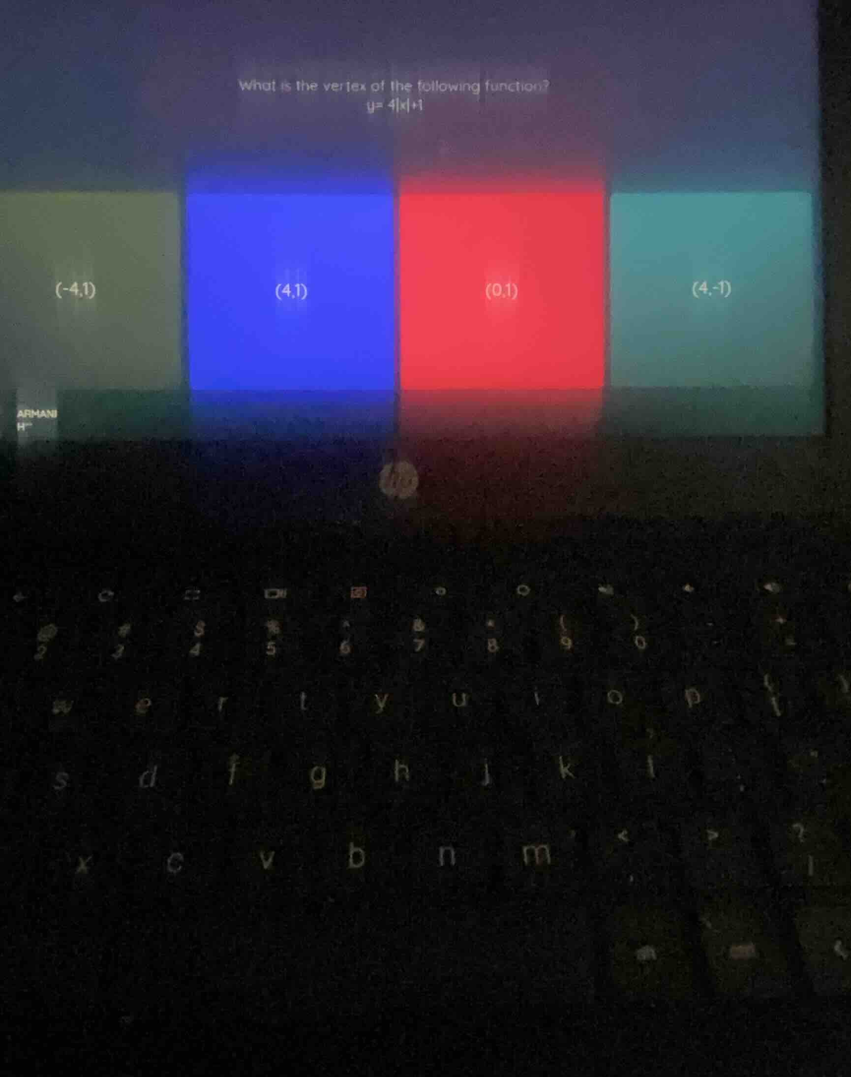 what is the vertex of the following function? $y=4|x|+1$ $(-4,1)$ $(4,1…