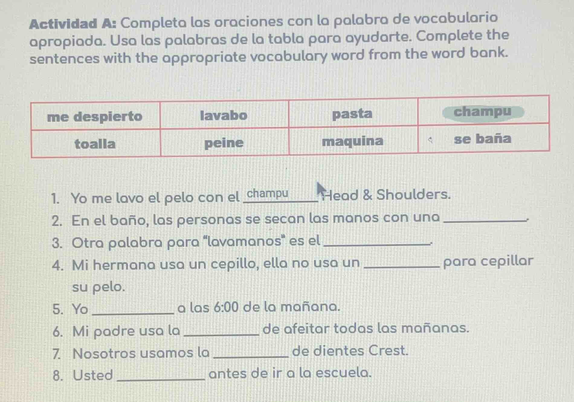 actividad a: completa las oraciones con la palabra de vocabulario aprop…