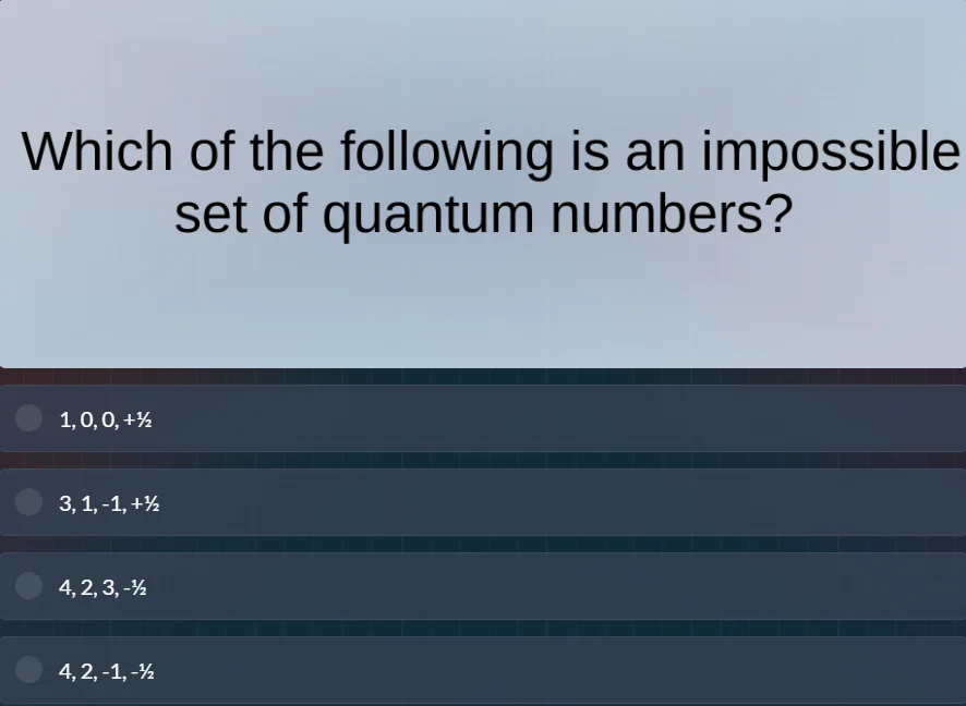which of the following is an impossible set of quantum numbers? 1, 0, 0…