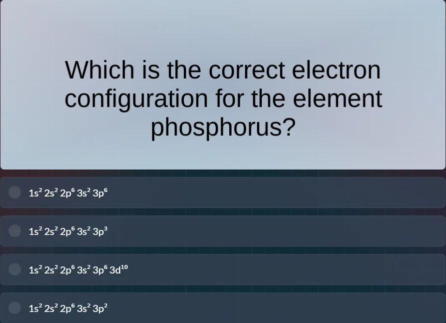 which is the correct electron configuration for the element phosphorus?…