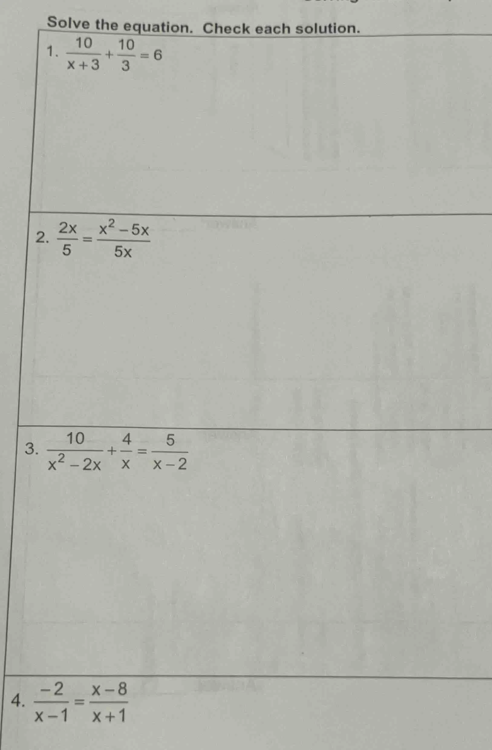 solve the equation. check each solution. 1. $\frac{10}{x+3}+\frac{10}{3…