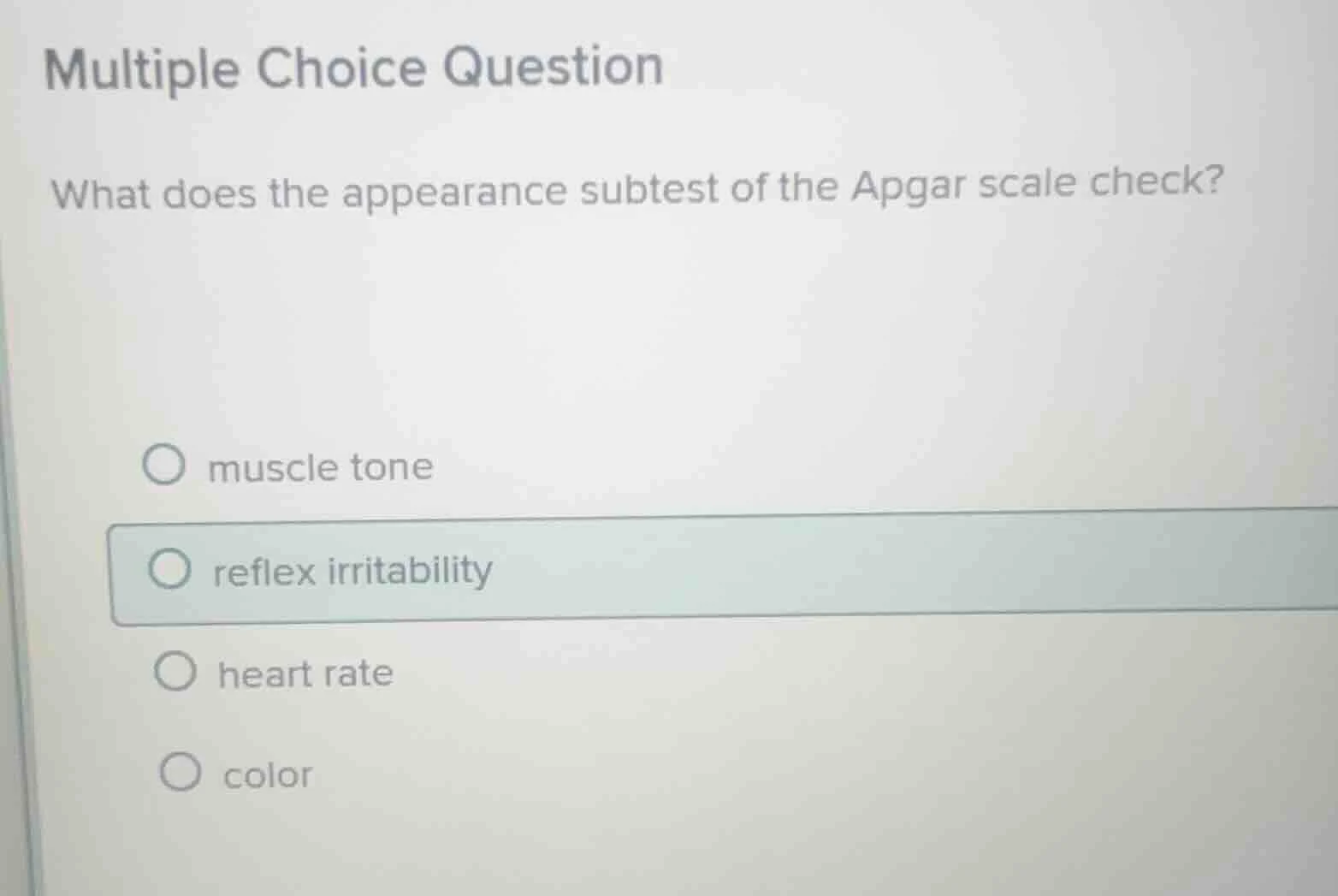 multiple choice question what does the appearance subtest of the apgar …