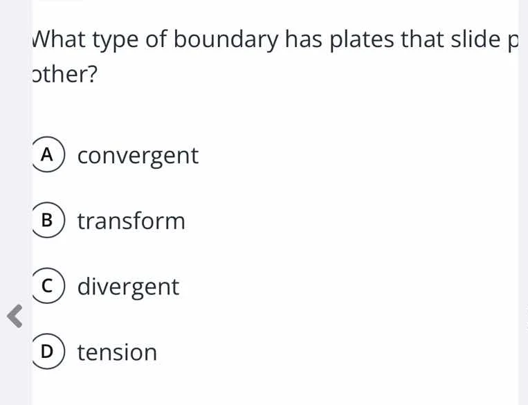 what type of boundary has plates that slide past each other? a converge…