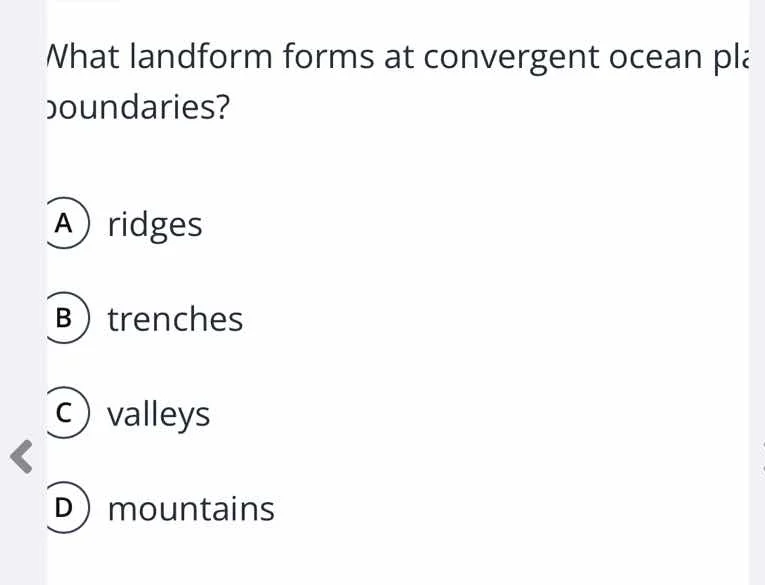what landform forms at convergent ocean plate boundaries? a ridges b tr…