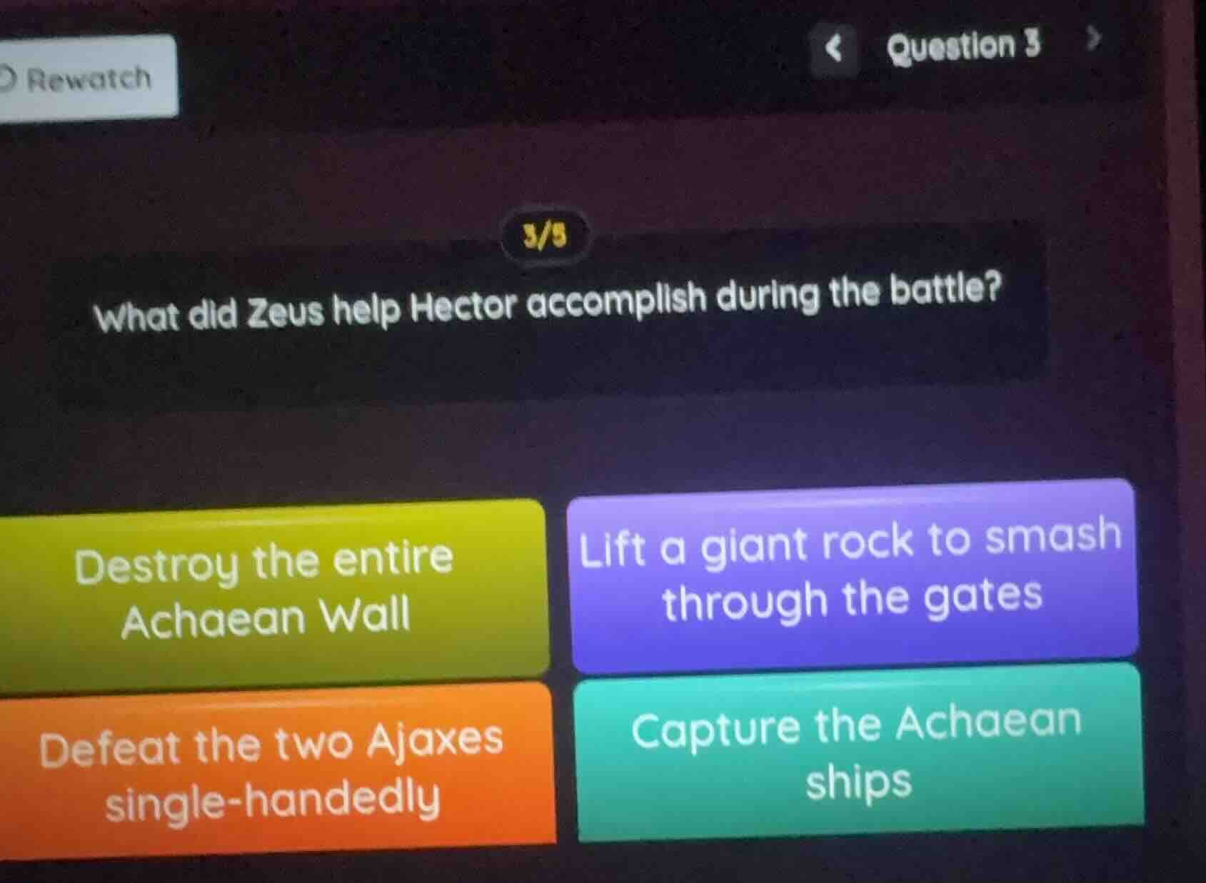 rewatch question 3 3/5 what did zeus help hector accomplish during the …