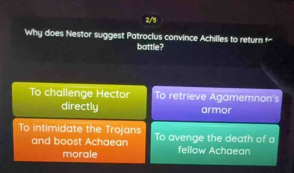 2/5 why does nestor suggest patroclus convince achilles to return to ba…