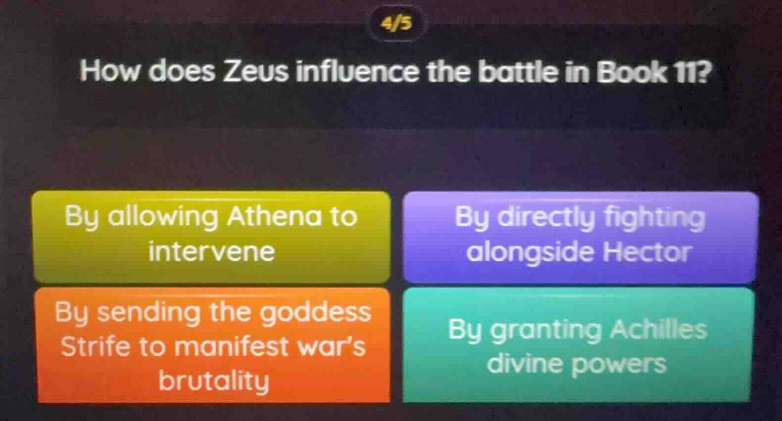 4/5 how does zeus influence the battle in book 11? by allowing athena t…