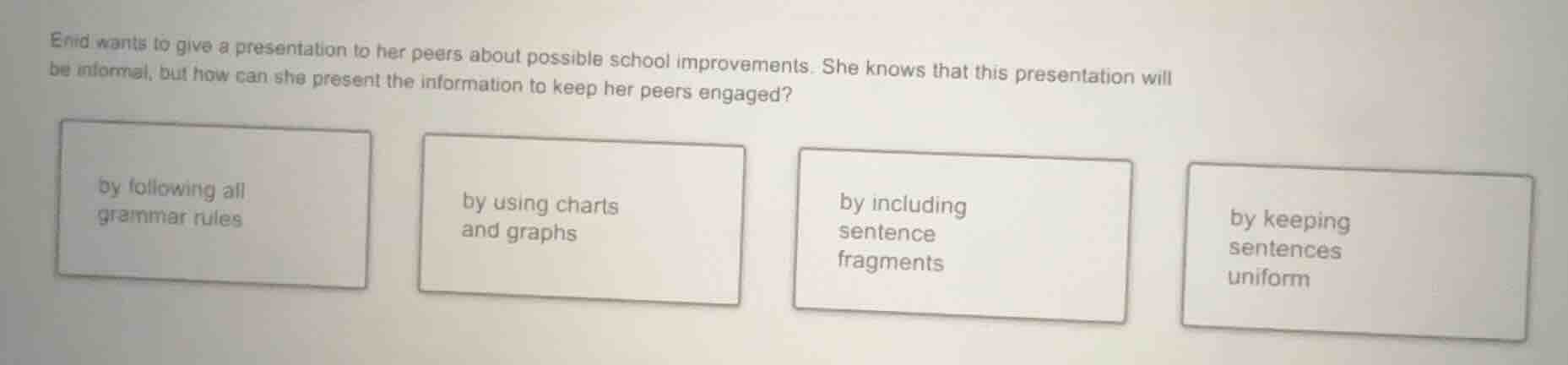 enid wants to give a presentation to her peers about possible school im…