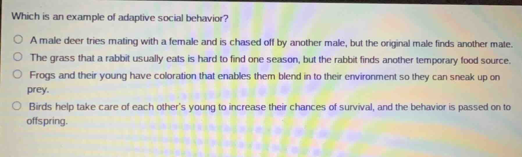 which is an example of adaptive social behavior? a male deer tries mati…