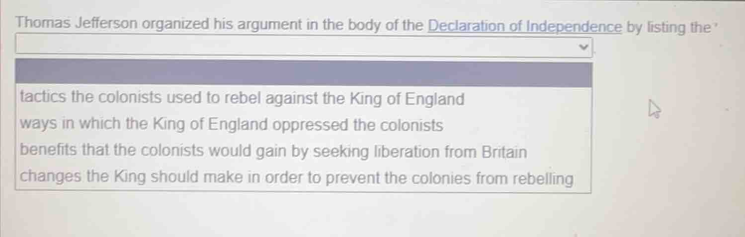 thomas jefferson organized his argument in the body of the declaration …