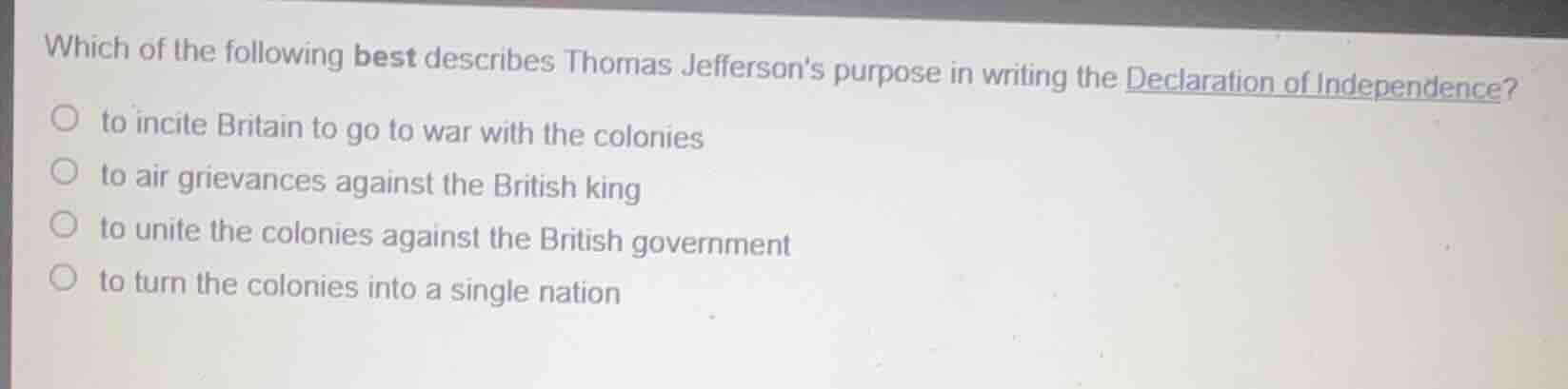 which of the following best describes thomas jeffersons purpose in writ…