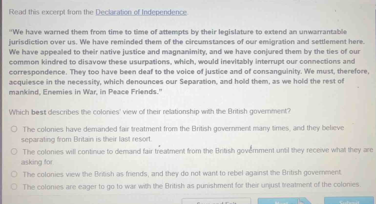 read this excerpt from the declaration of independence. \we have warned…