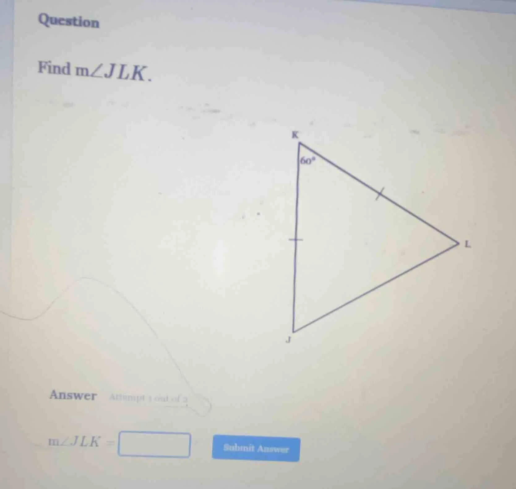 question find $m\\angle jlk$. answer attempt 1 out of 2 $m\\angle jlk =…