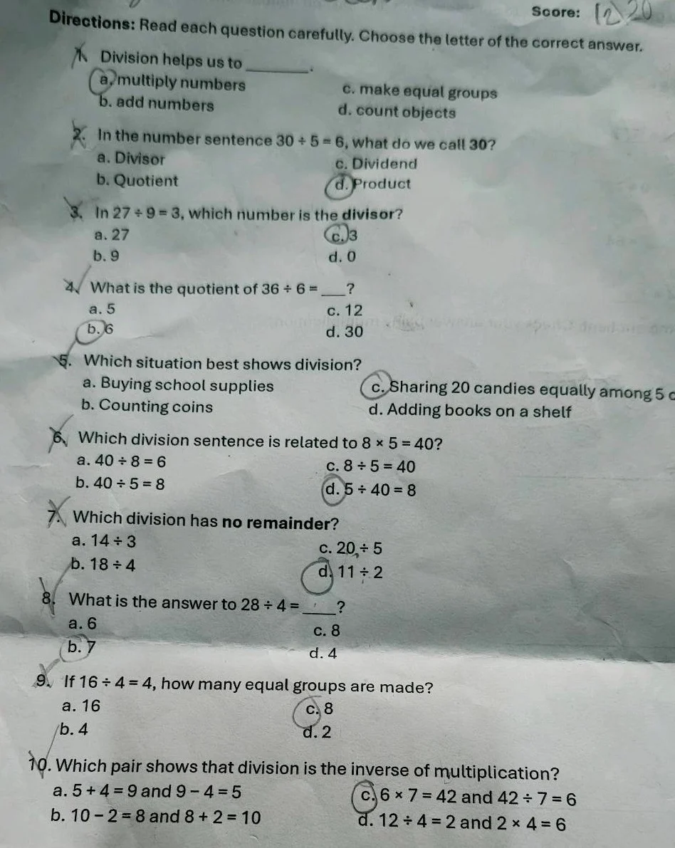 score: 12/20 directions: read each question carefully. choose the lette…