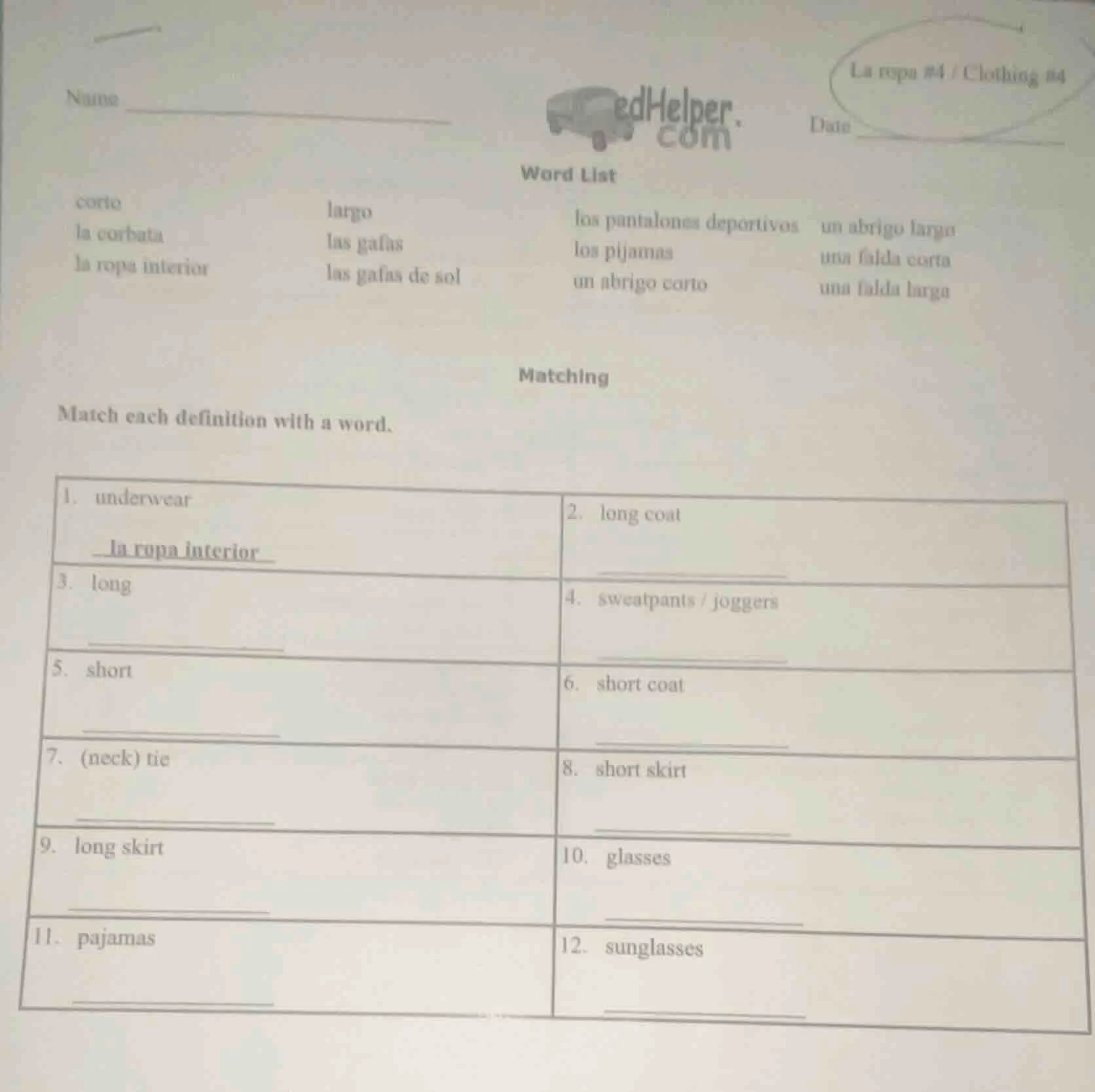 name _______________ la ropa #4 / clothing #4 date _______________ edhe…