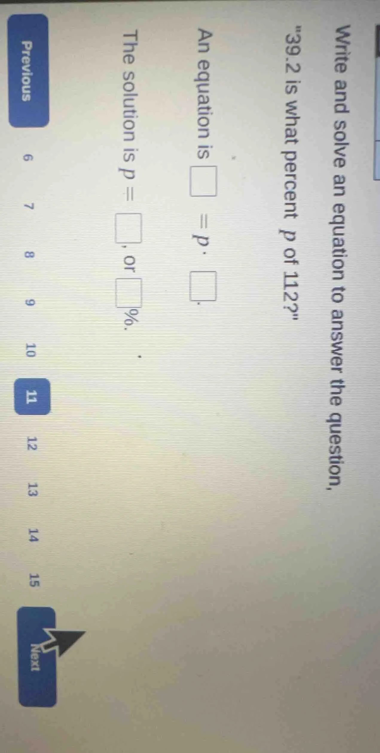 write and solve an equation to answer the question, \39.2 is what perce…