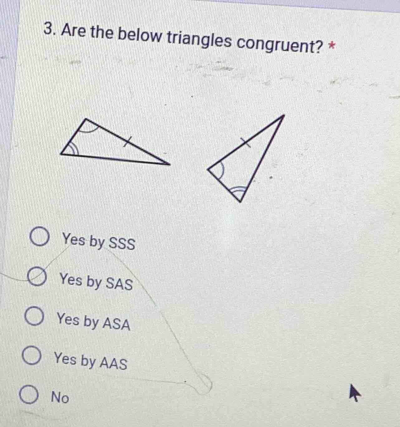 3. are the below triangles congruent? * yes by sss yes by sas yes by as…