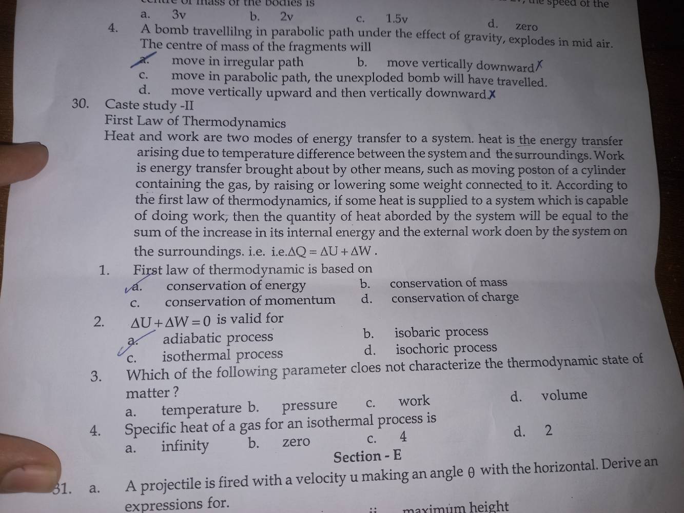 a. 3v b. 2v c. 1.5v d. zero 4. a bomb travelling in parabolic path unde…