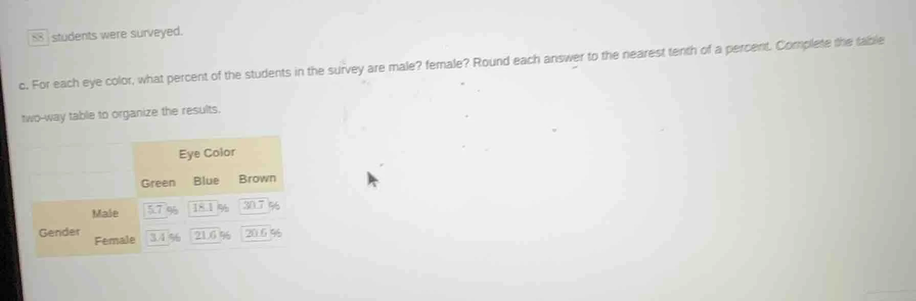 88 students were surveyed. c. for each eye color, what percent of the s…