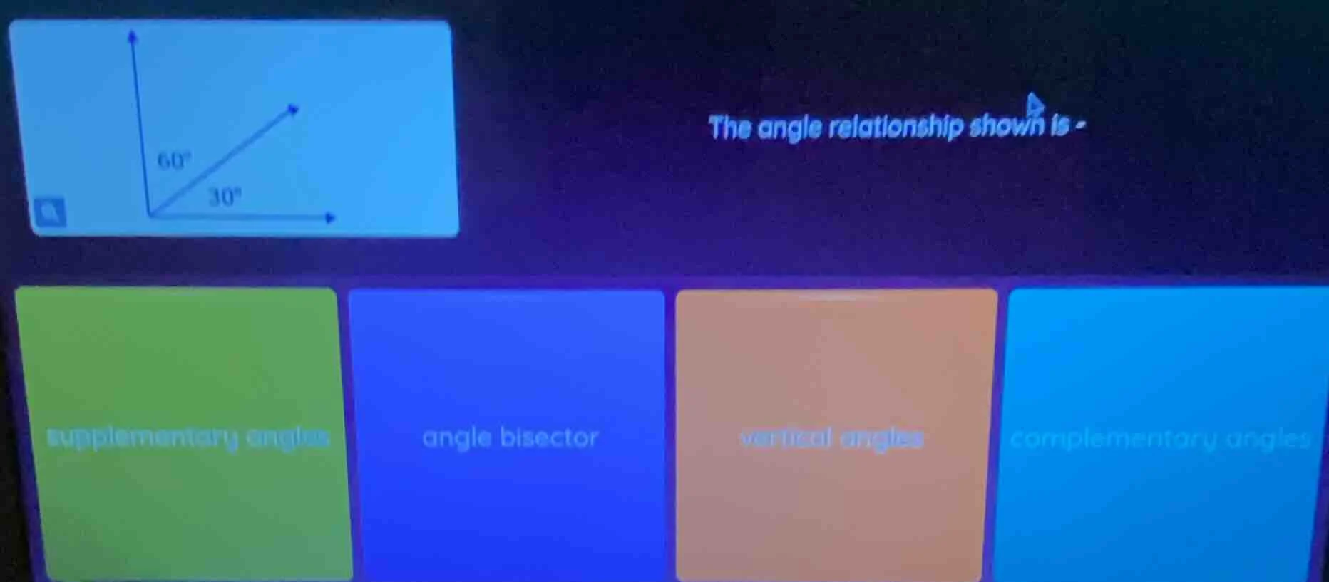 the angle relationship shown is -supplementary anglesangle bisectorvert…