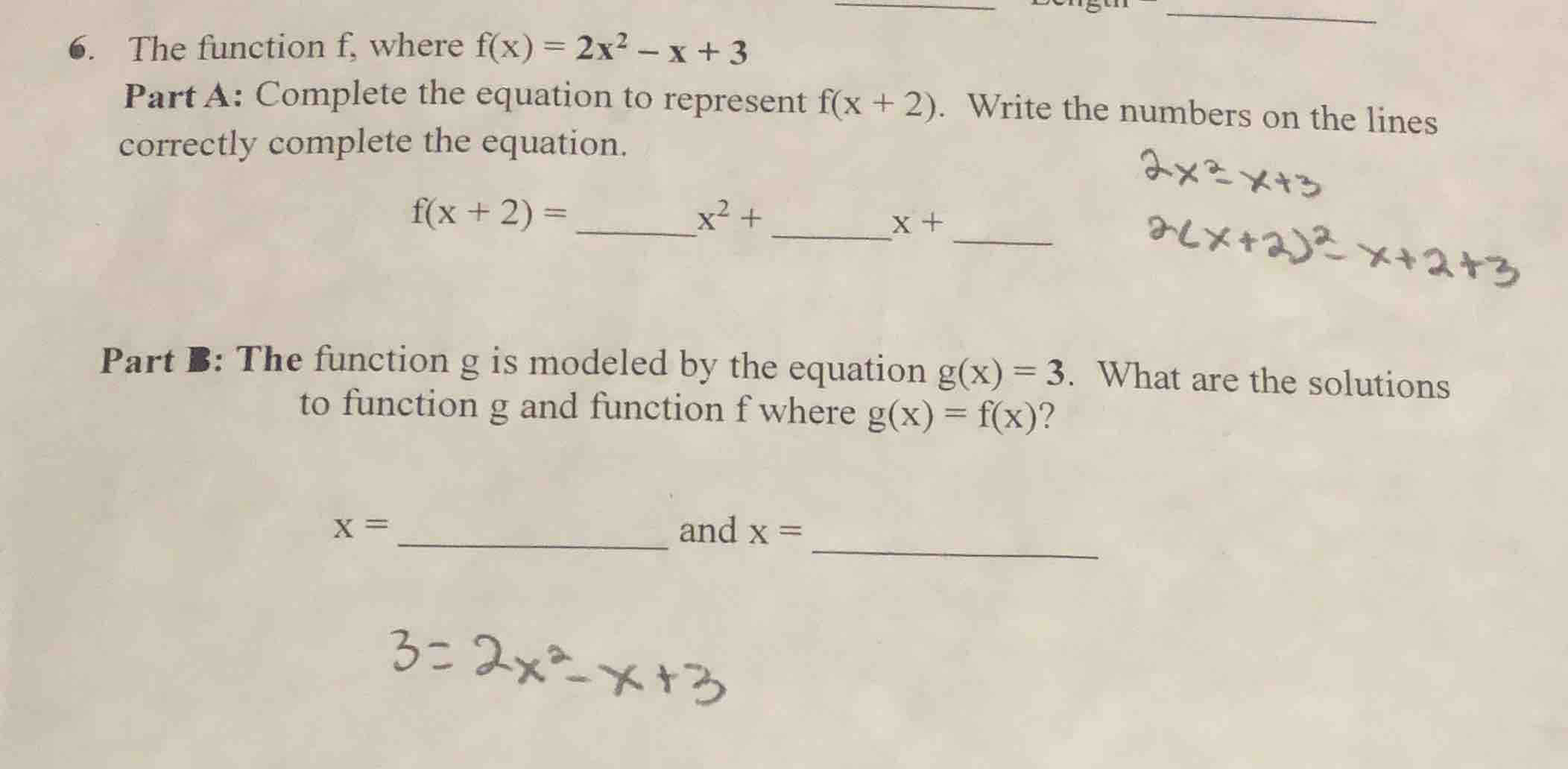 6. the function f, where $f(x)=2x^{2}-x+3$ part a: complete the equatio…