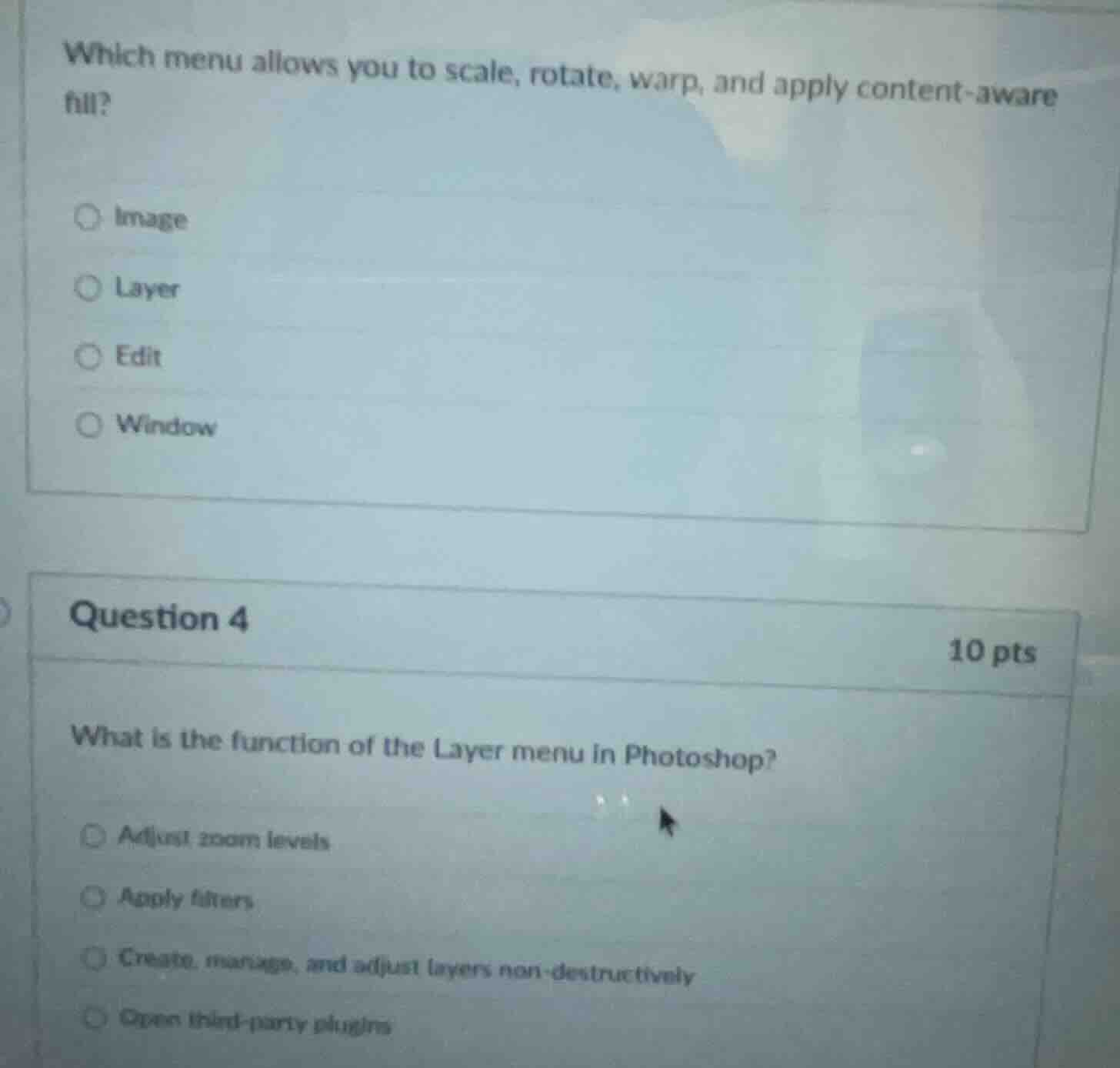 which menu allows you to scale, rotate, warp, and apply content-aware f…