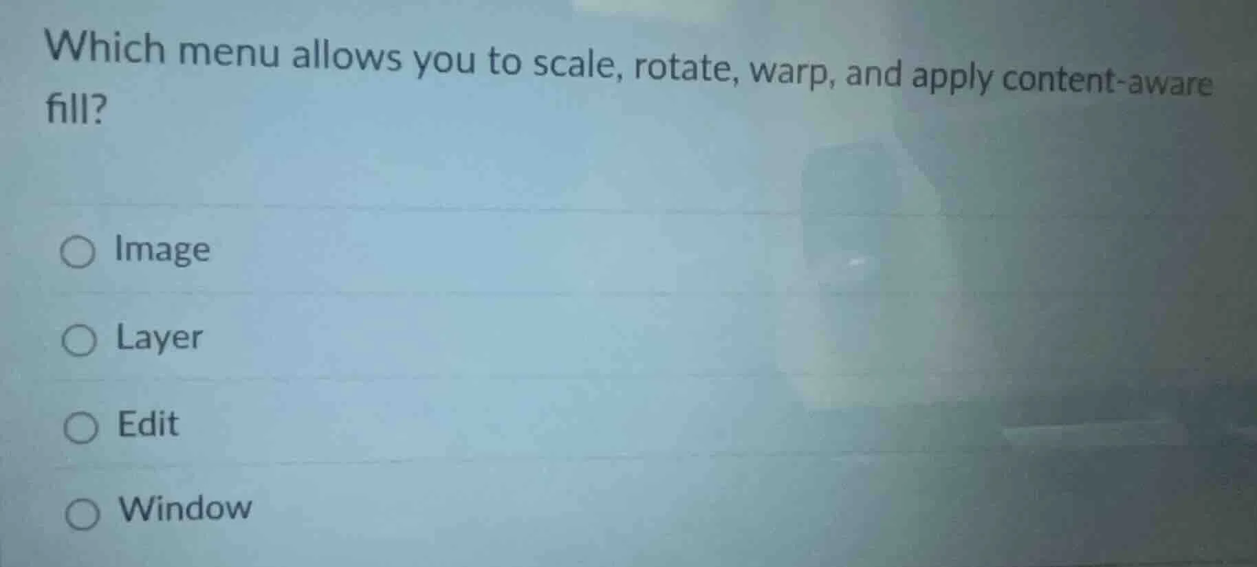which menu allows you to scale, rotate, warp, and apply content-aware f…