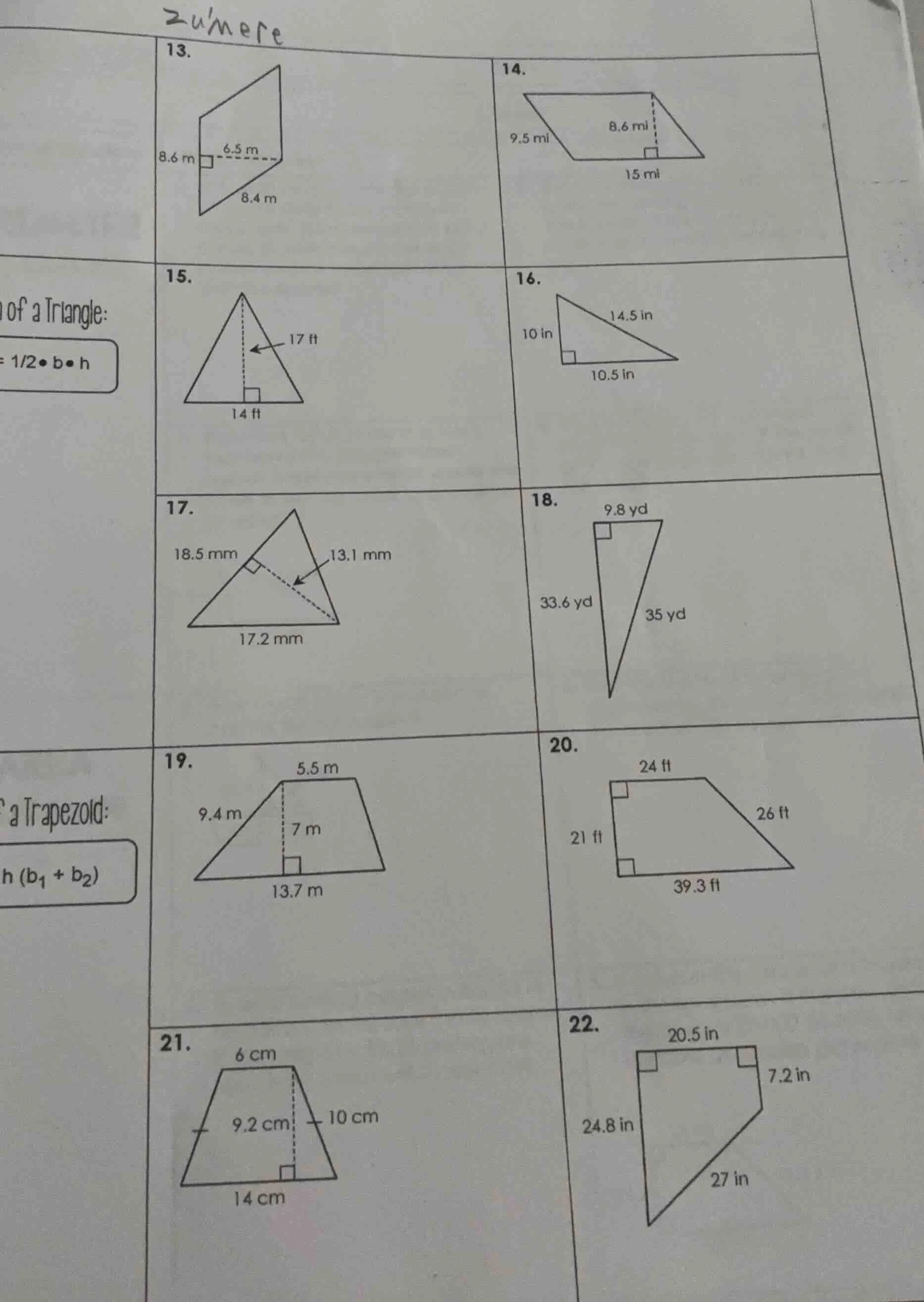 zumere 13. 8.6 m 6.5 m 8.4 m 14. 9.5 mi 8.6 mi 15 mi of a triangle: $=\…