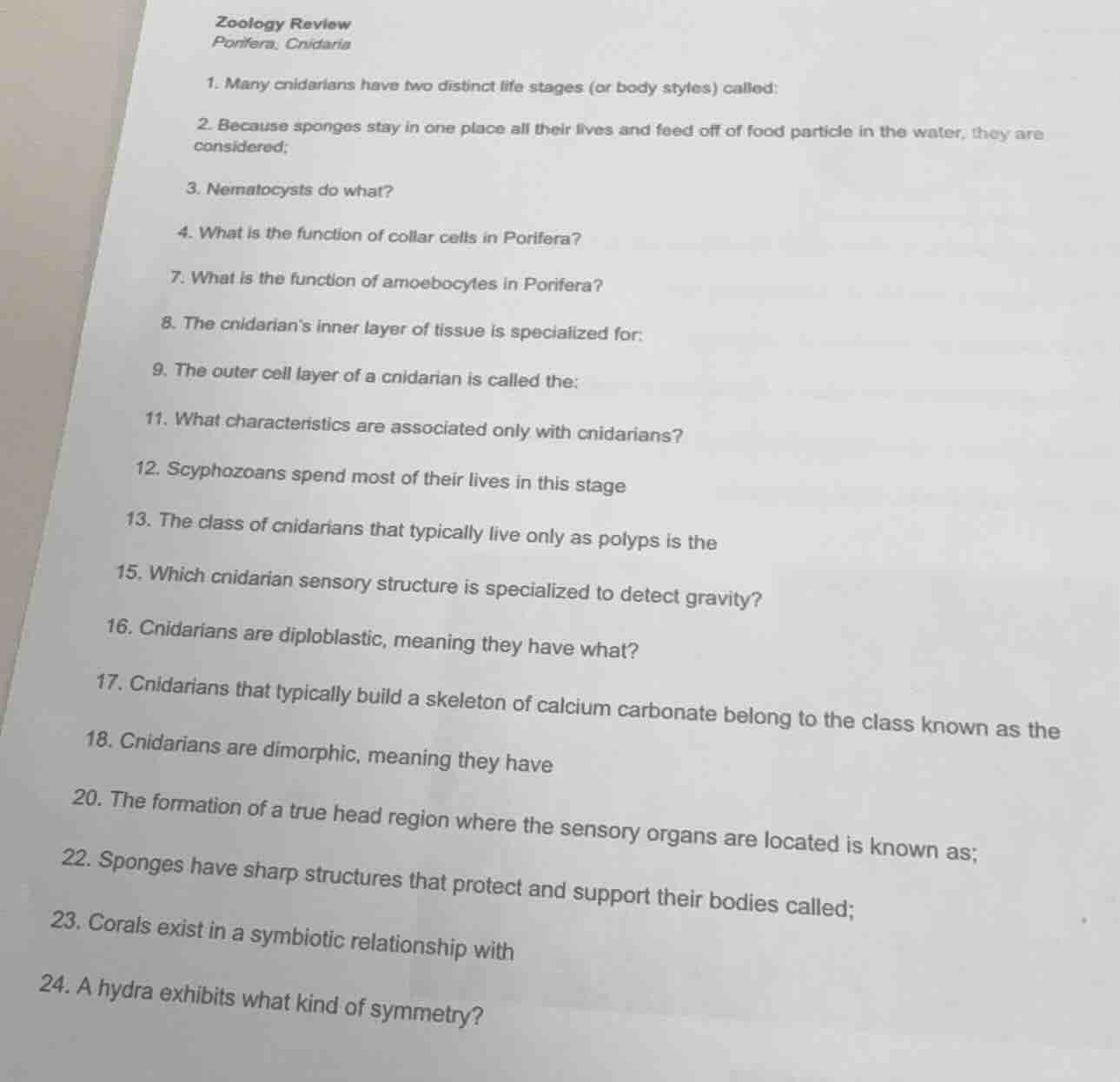 zoology review porifera, cnidaria 1. many cnidarians have two distinct …