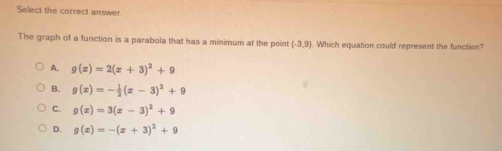 select the correct answer. the graph of a function is a parabola that h…
