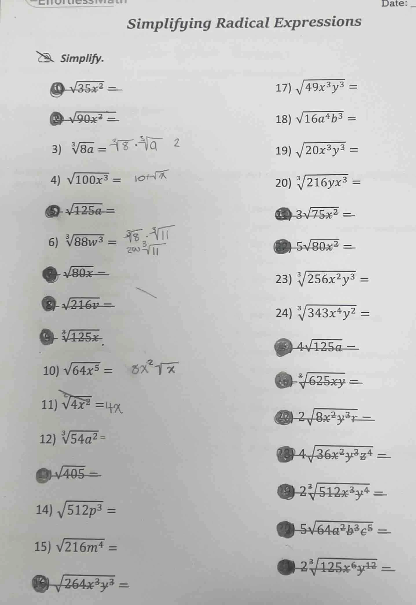 simplifying radical expressions simplify. 1) $sqrt{35x^{2}} =$ 2) $sqrt…
