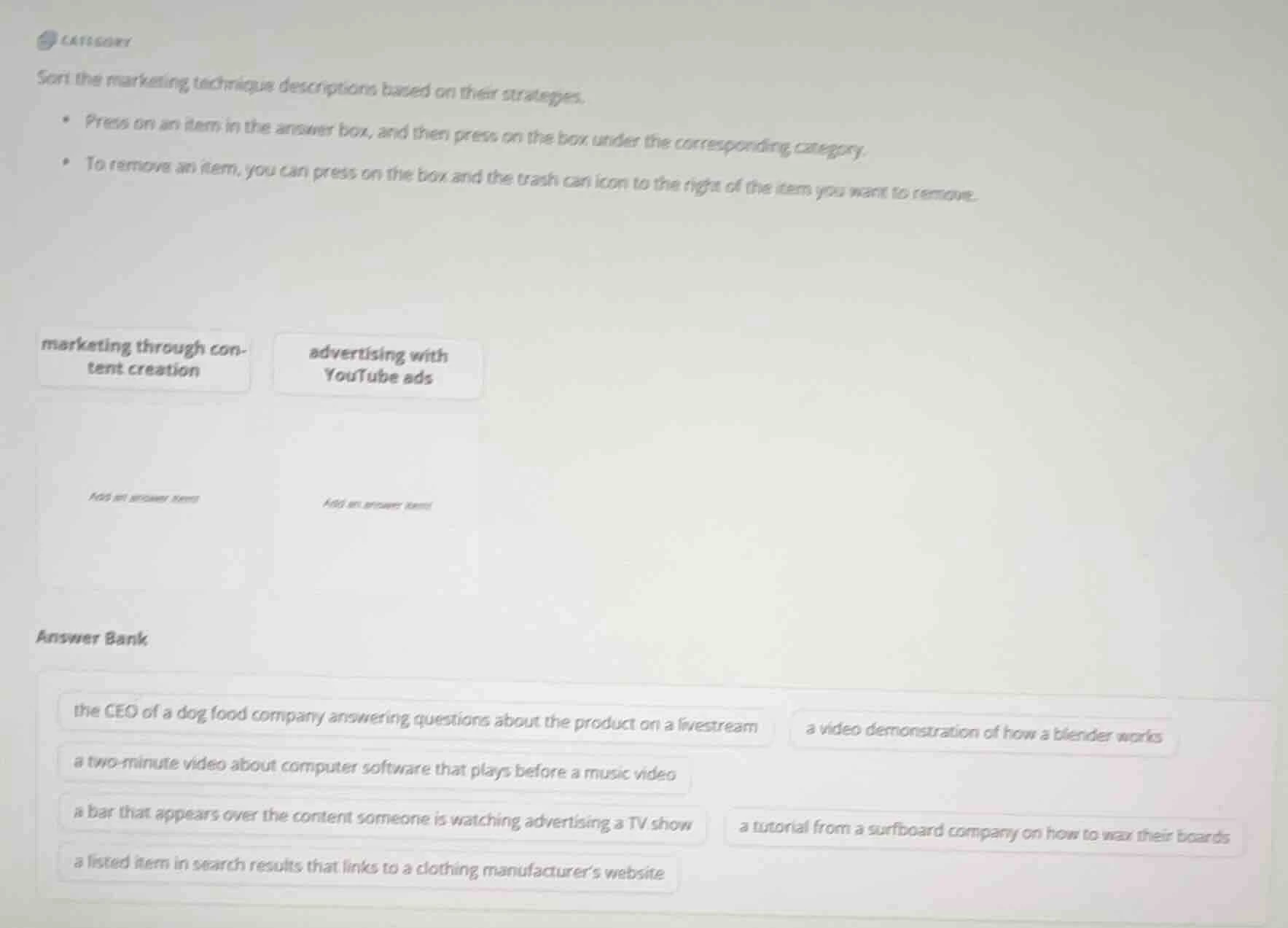 category sort the marketing technique descriptions based on their strat…