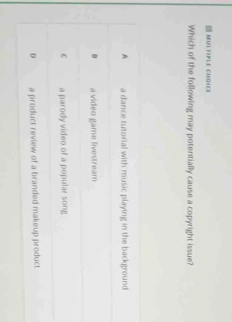 multiple choice which of the following may potentially cause a copyrigh…