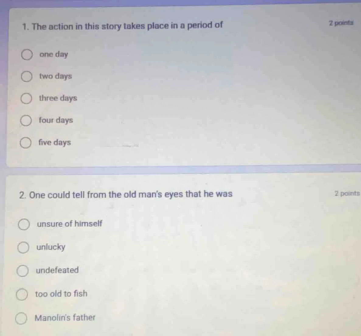 1. the action in this story takes place in a period of 2 points one day…