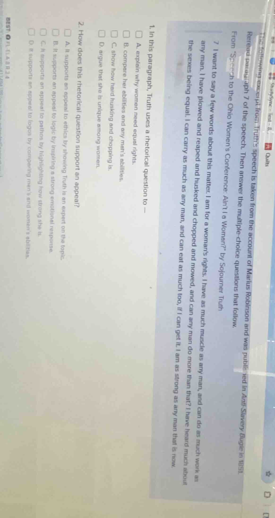 the following excerpt from truths speech is taken from the account of m…