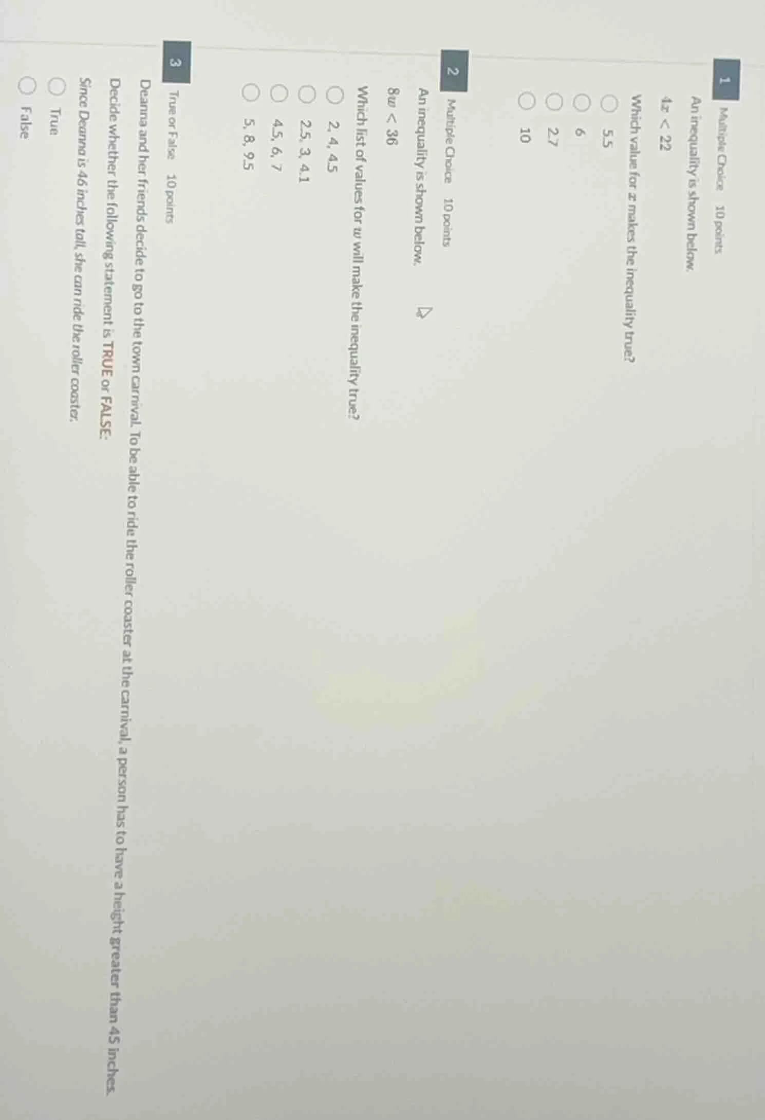 1 multiple choice 10 points an inequality is shown below. $4x < 22$ whi…