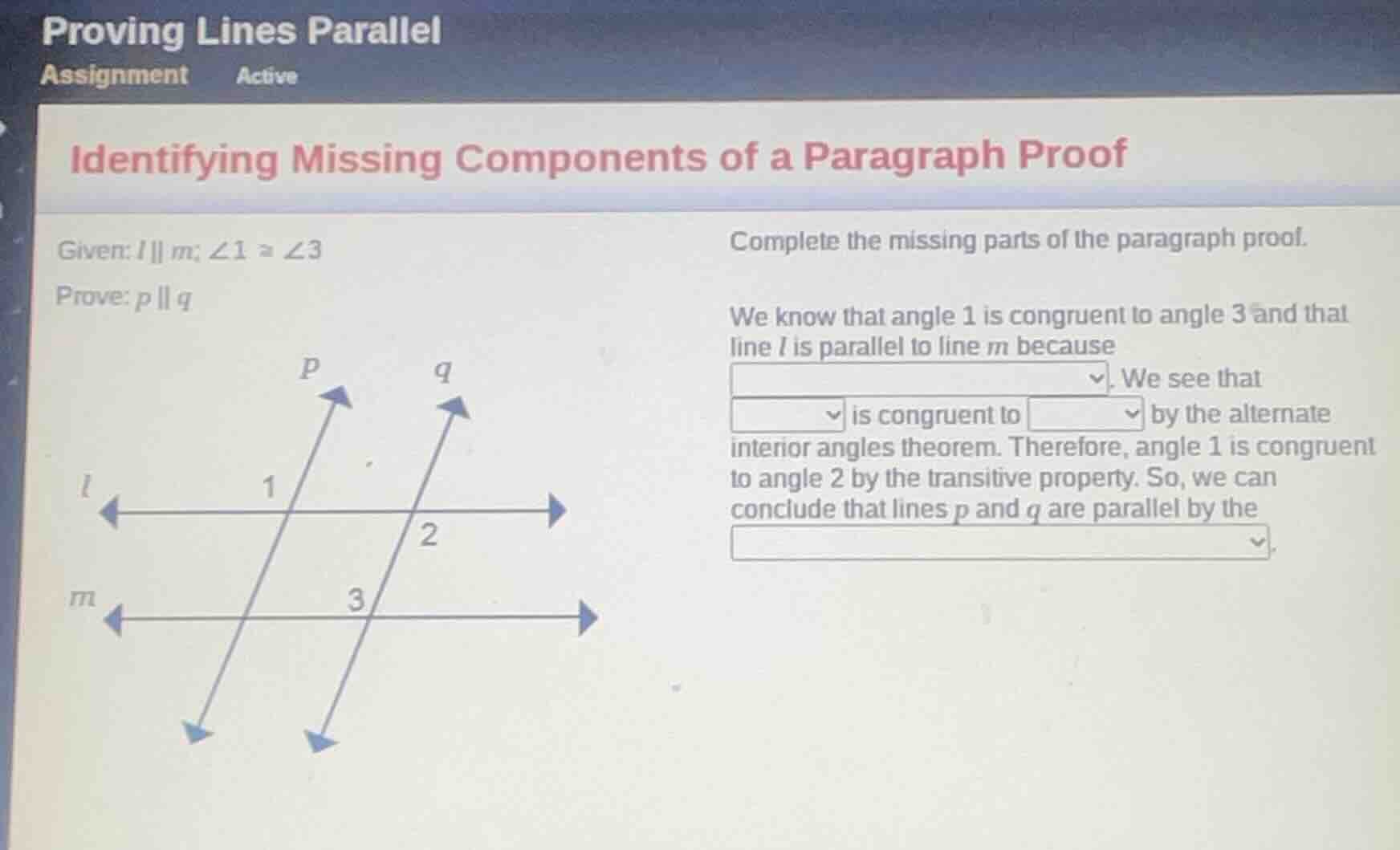 proving lines parallel assignment active identifying missing components…