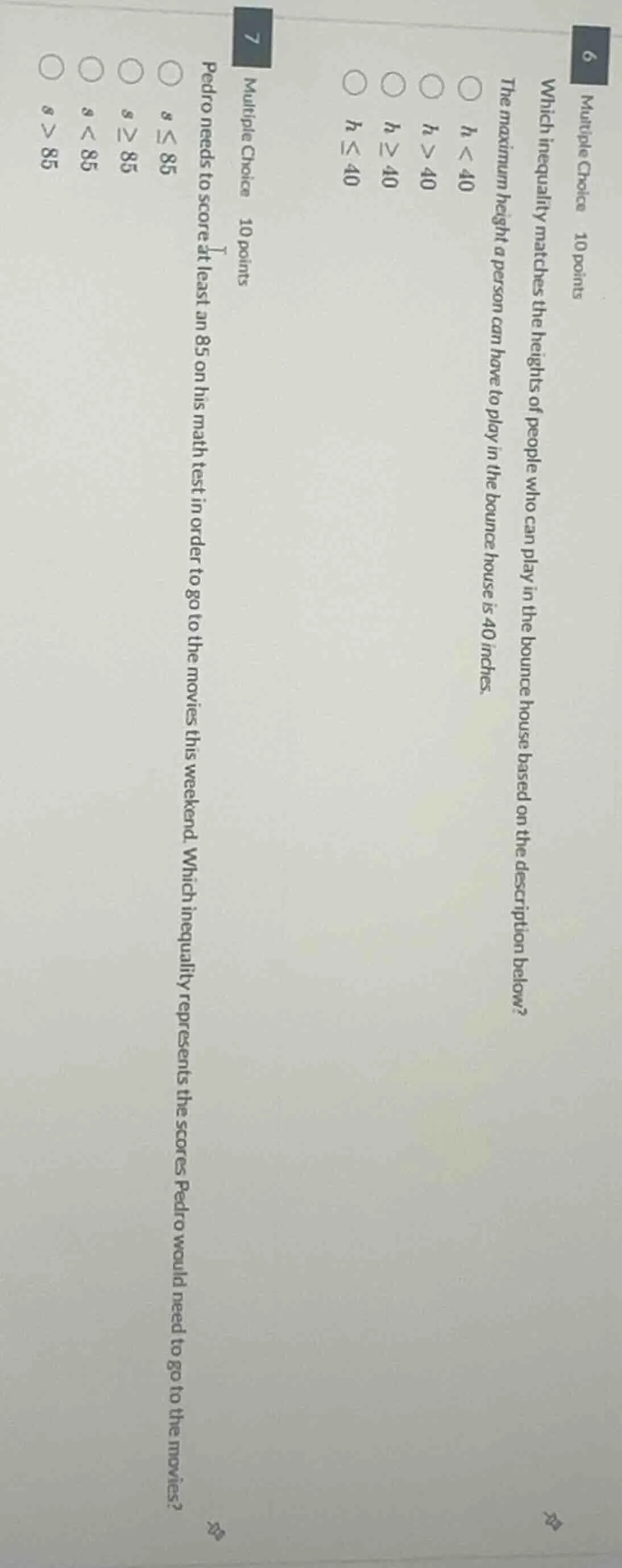 6 multiple choice 10 points which inequality matches the heights of peo…