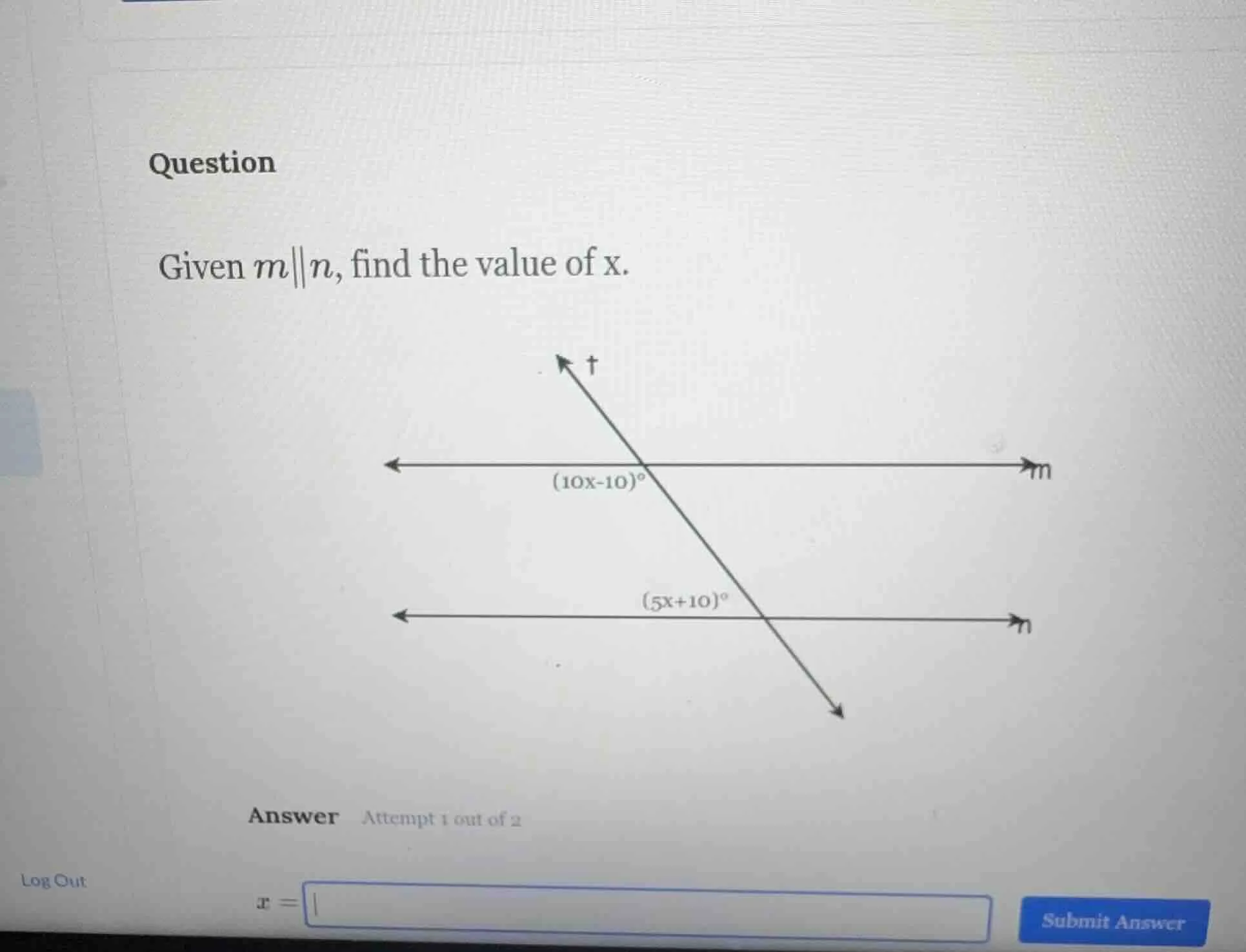 question given $m\\parallel n$, find the value of x. $(10x-10)^\\circ$ …