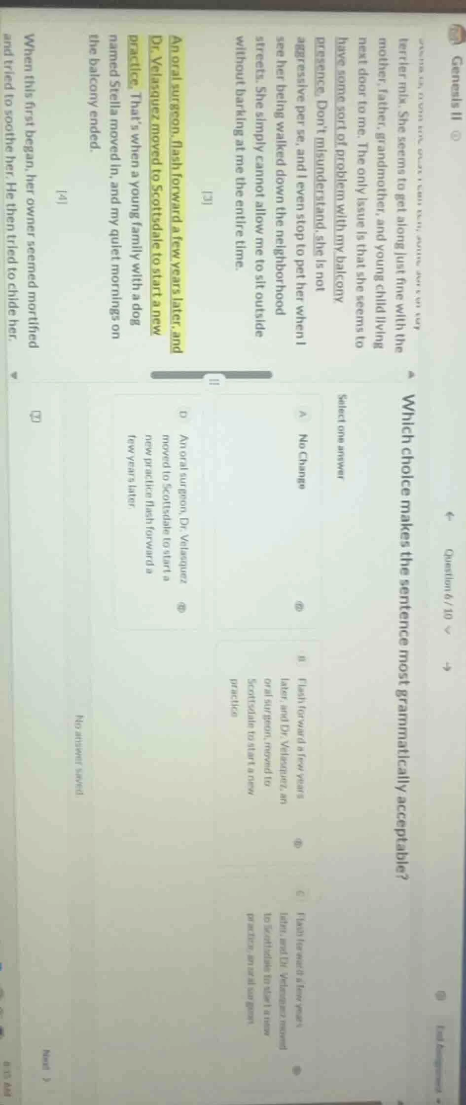 genesis iiquestion 6/10which choice makes the sentence most grammatical…